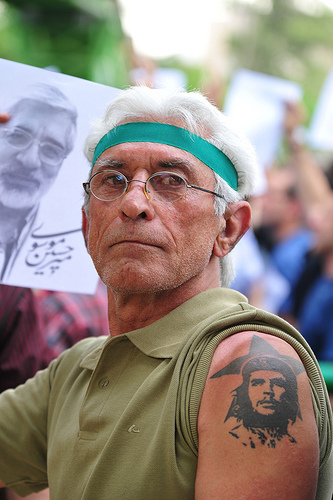 Demonstrator displays socialist tattoo